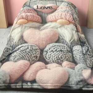 Valentine Gnome Sherpa Lap Blanket 36” Pink Love Hearts Cozy Throw